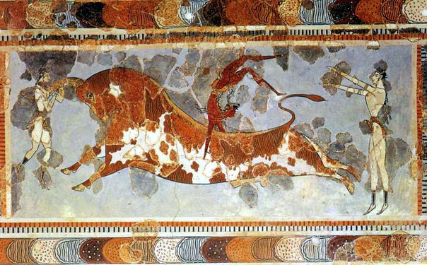 Фреска из Кносского дворца. Прыжки через спину быка. Ок. 2,000 до н.э.